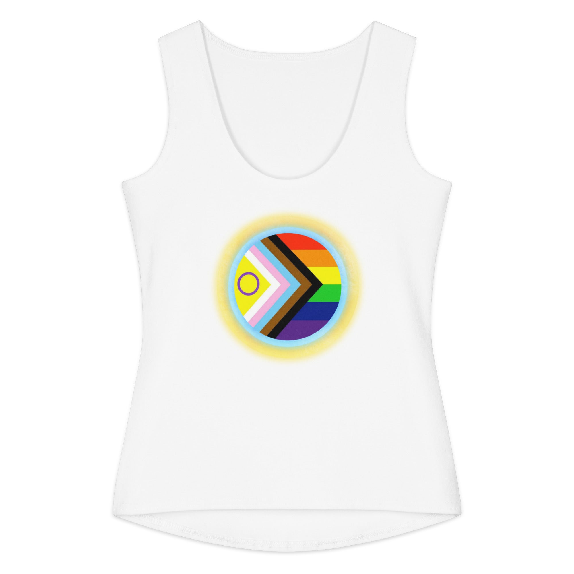 White tank top with a colorful circular design featuring the Pride Progress elements on a white background.