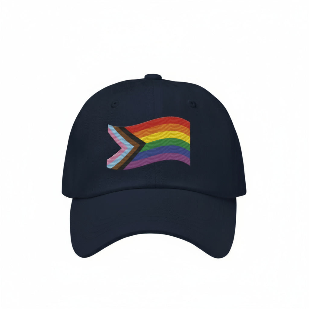 Black cap with an  LGBTQ+ rainbow flag design on a white background