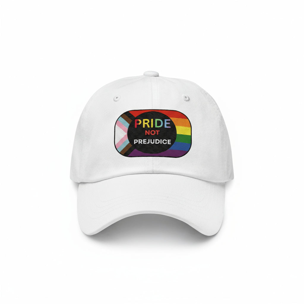 White cap with embroidered rainbow patch and 'Pride Not Prejudice' text on a white background