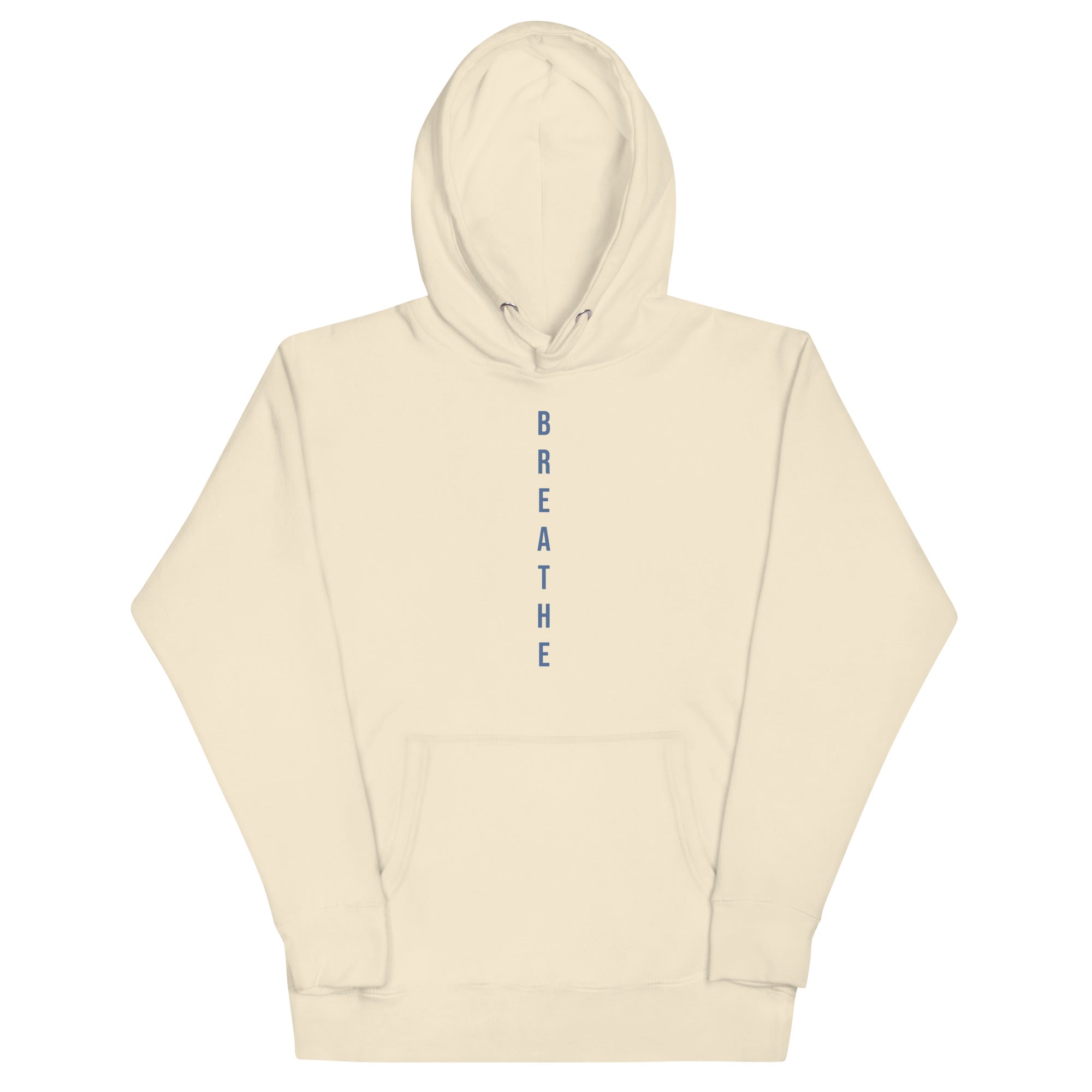 Beige hoodie with 'BREATHE' text on a white background