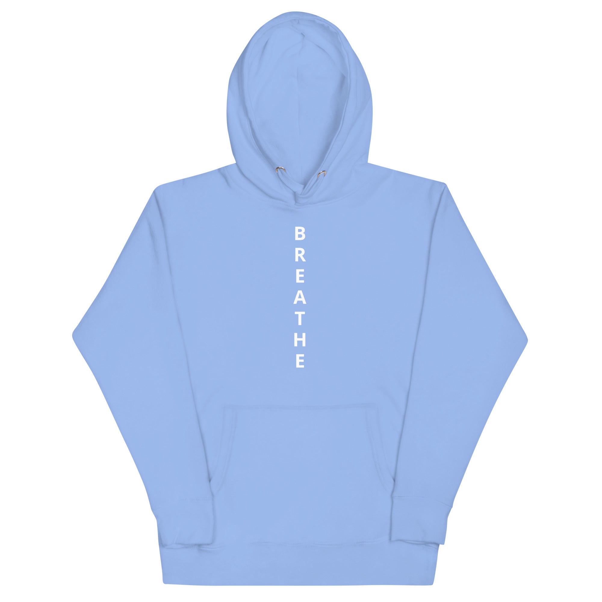 Light blue hoodie with 'BREATHE' text on a white background
