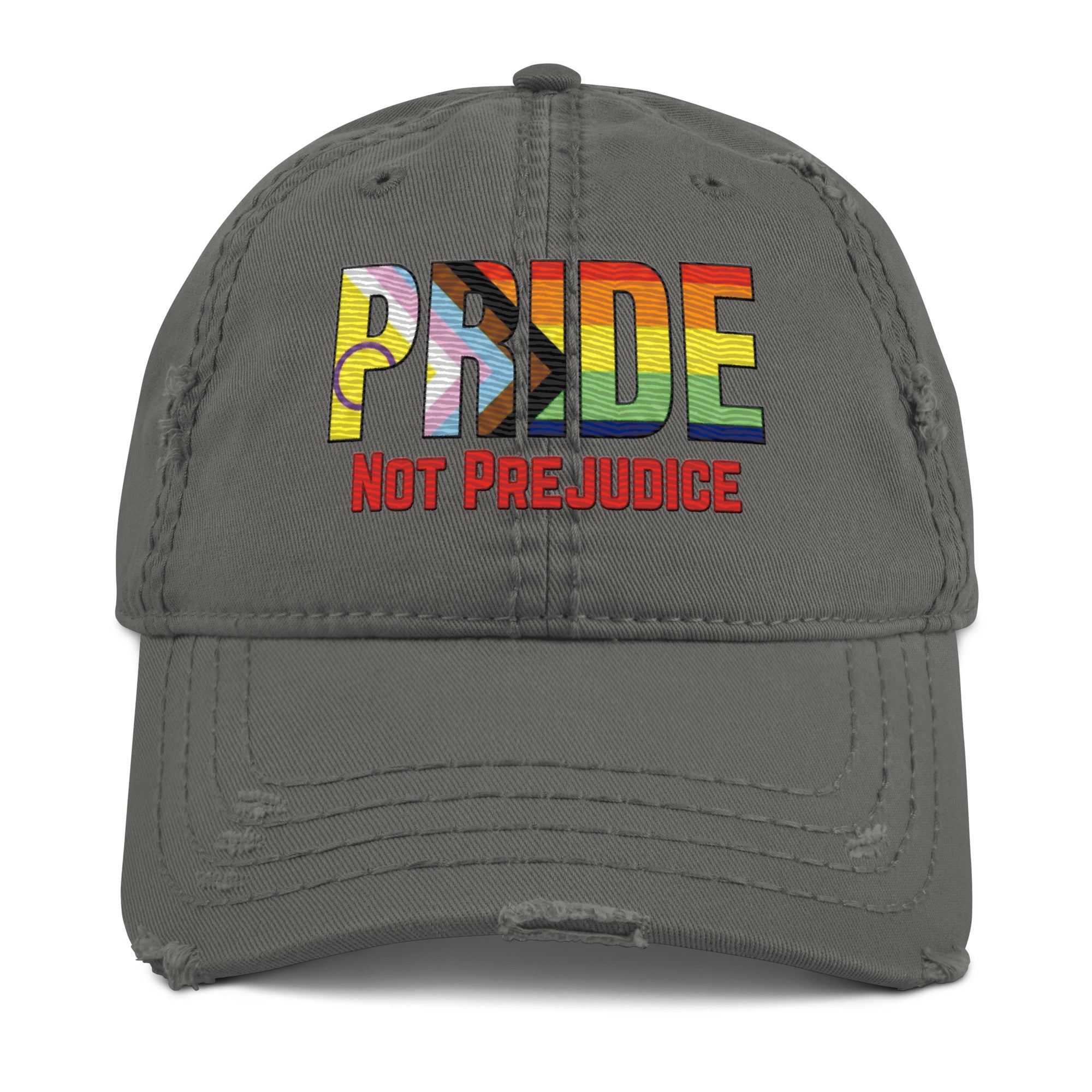Gray cap with 'PRIDE NOT PREJUDICE' text in pride progress rainbow colors on a white background