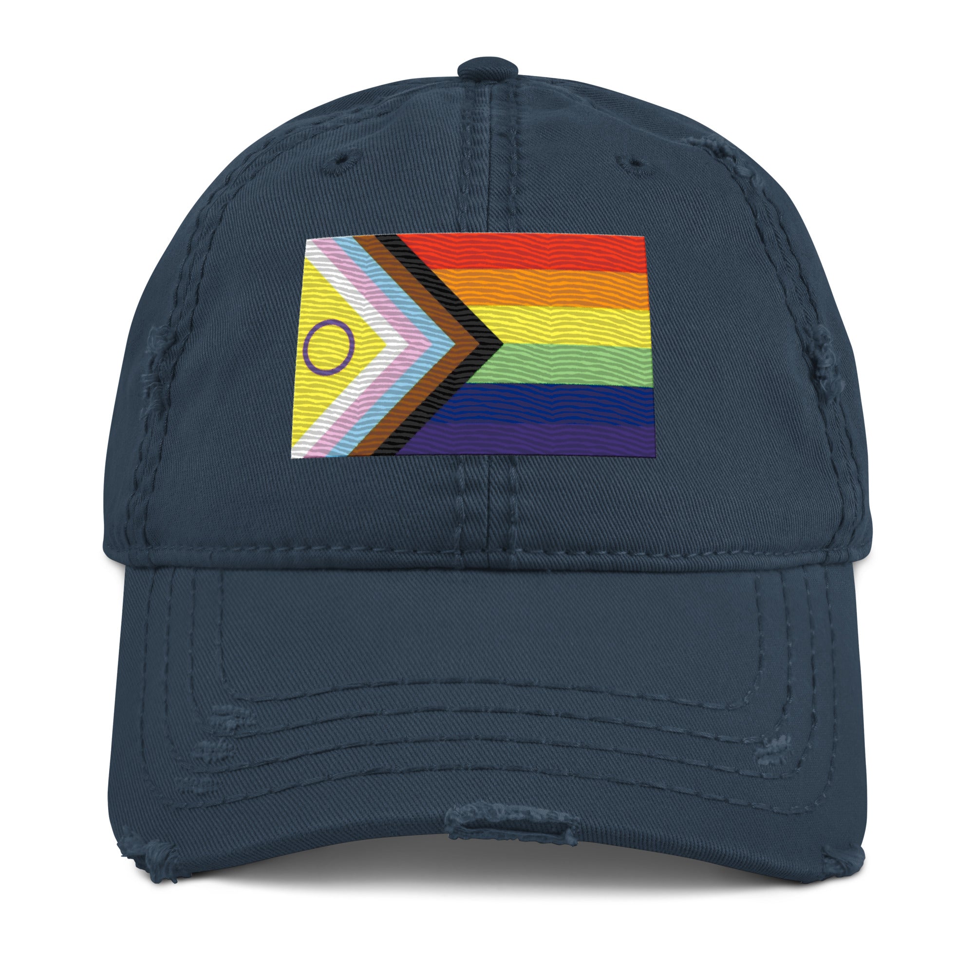 Navy blue cap with a colorful pride progress flag geometric design on a white background