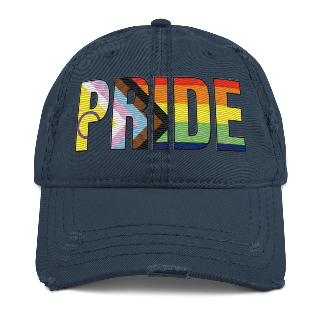 Navy blue cap with 'PRIDE' in rainbow letters on a white background