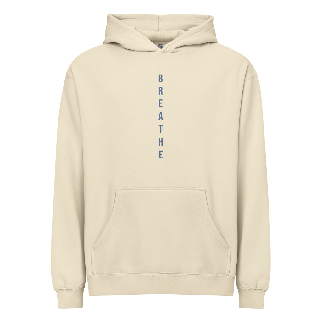 Beige hoodie with 'BREATHE' text on a white background