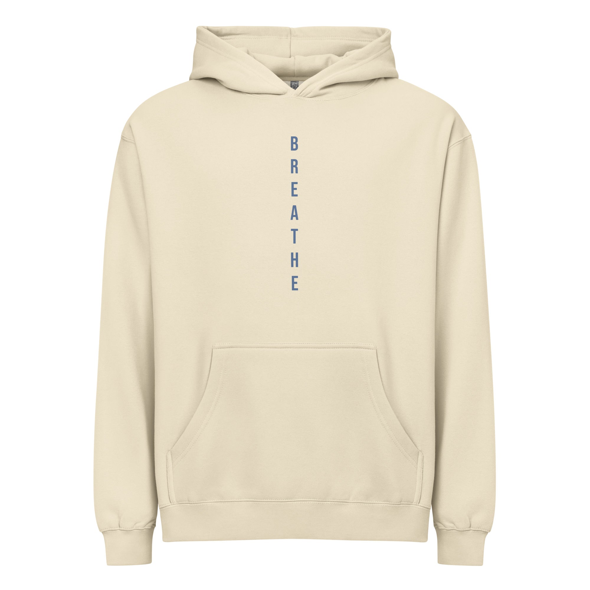 Beige hoodie with 'BREATHE' text on a white background