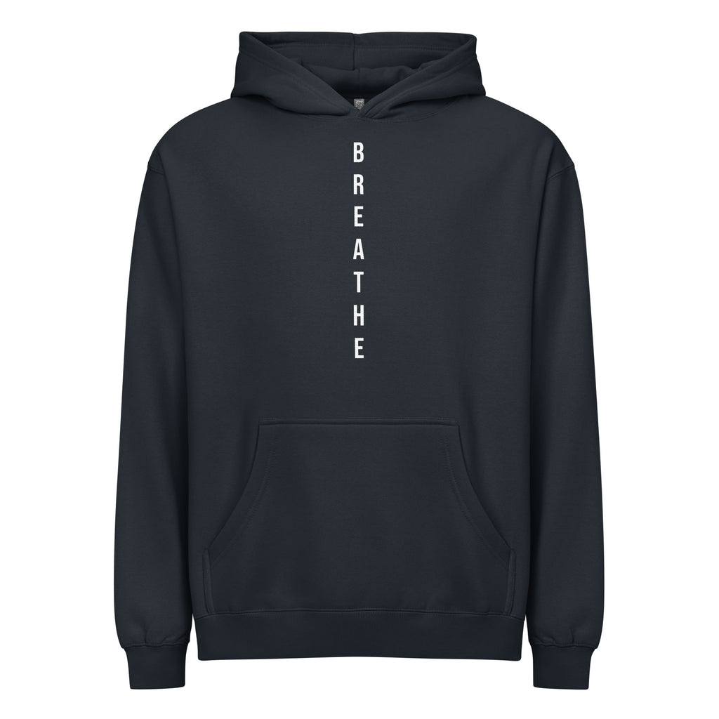 Navy hoodie with 'BREATHE' text on a white background