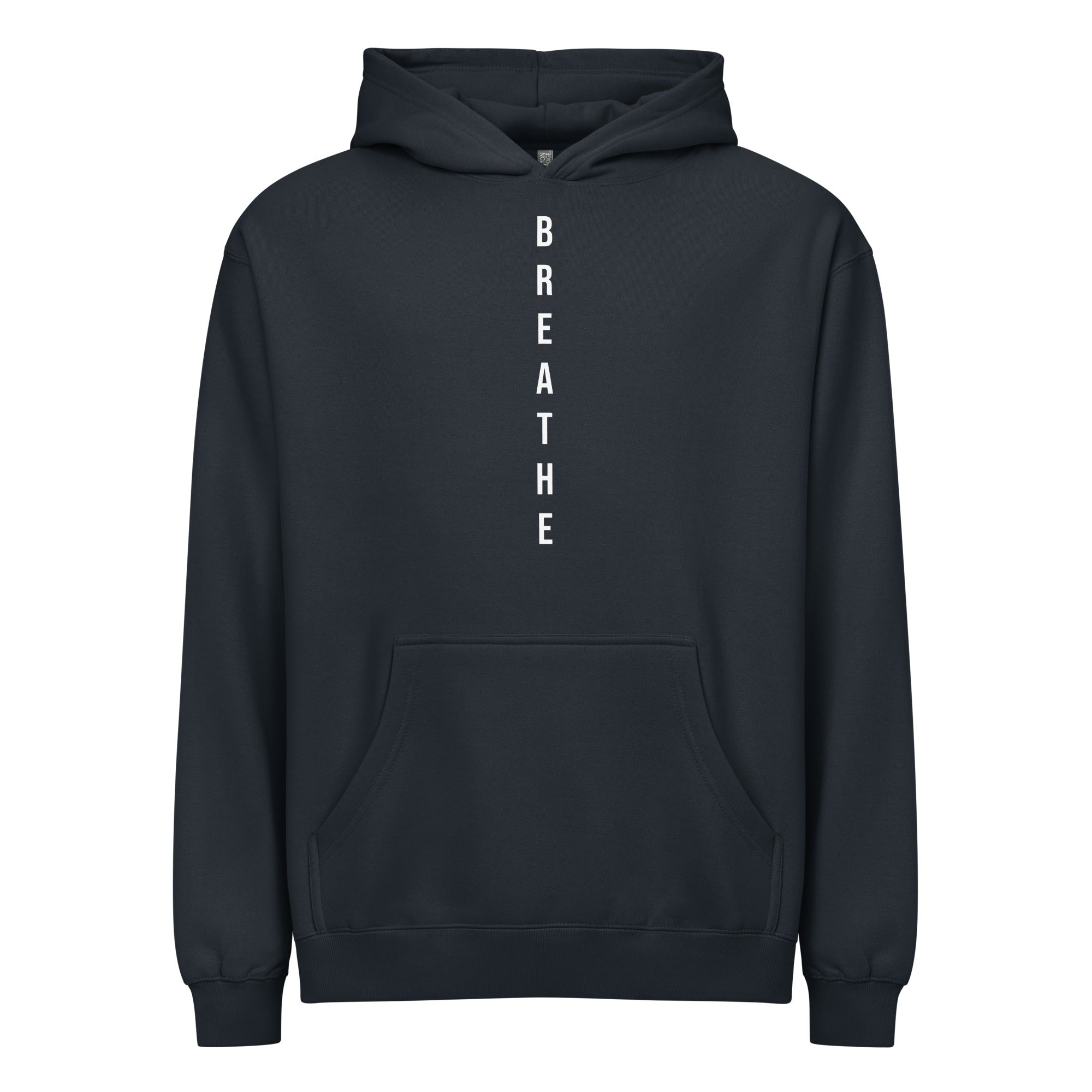 Navy hoodie with 'BREATHE' text on a white background