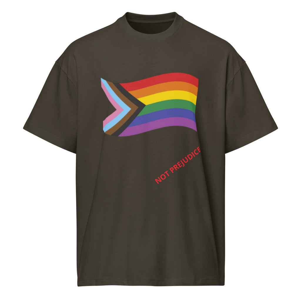 Antique Black t-shirt with an LGBTQ+ rainbow flag and 'Not Prejudice' text on a white background