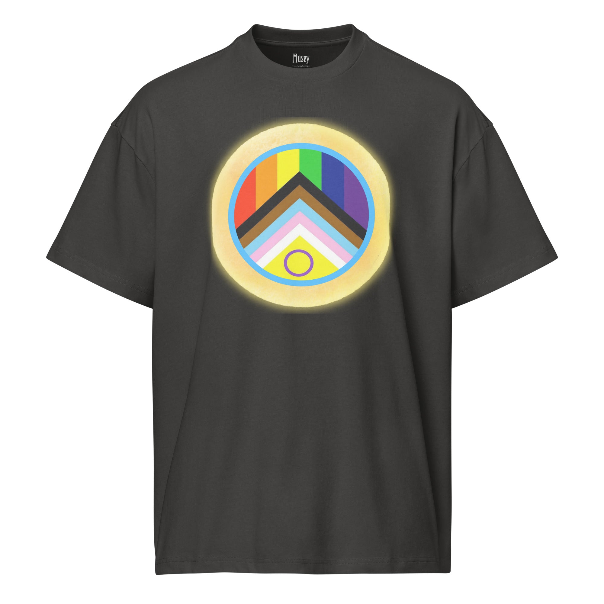 Black t-shirt with a colorful PRIDE PROGRESS symbol design on a white background