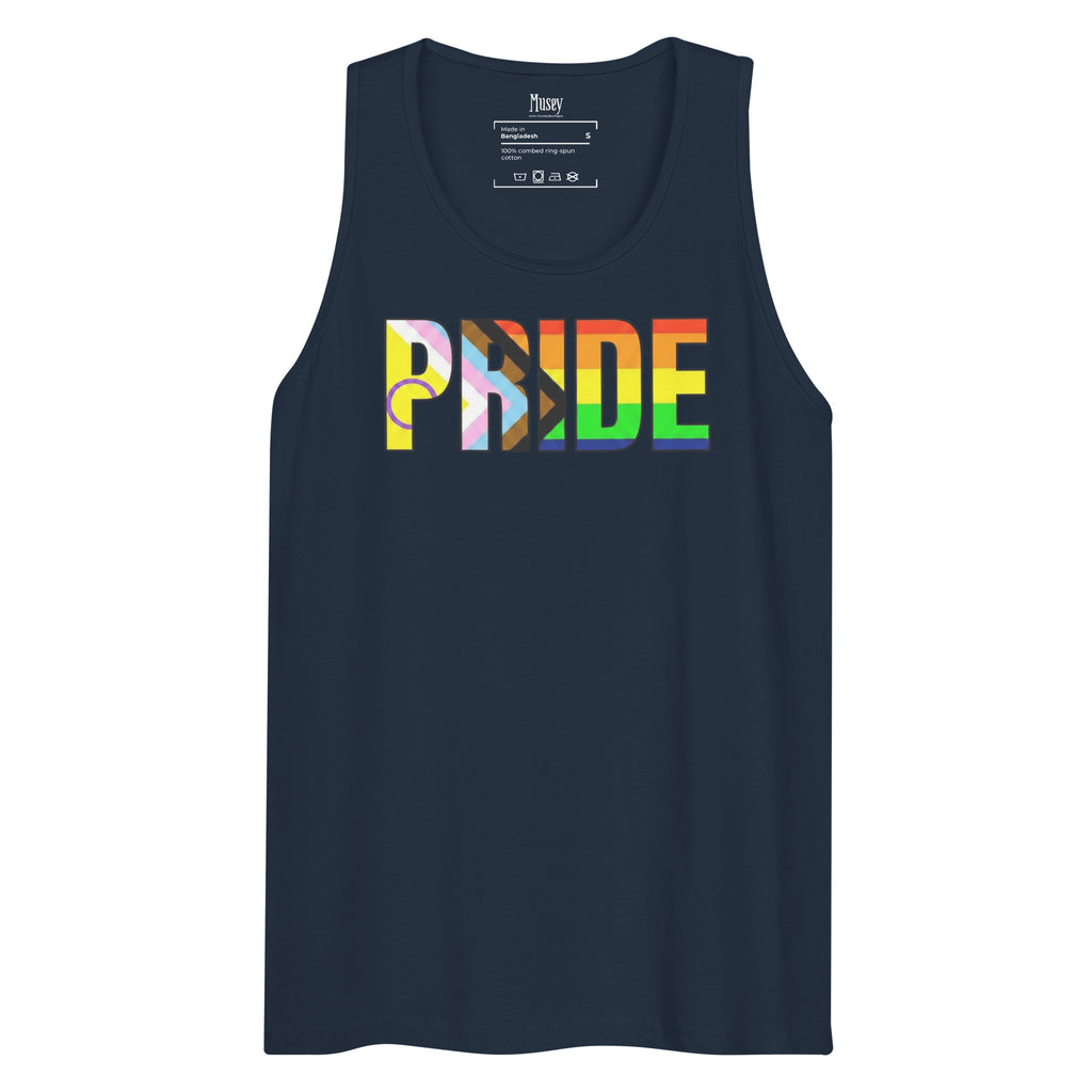 Navy tank top with 'PRIDE' in colorful Pride Progress Flag letters with white display background.