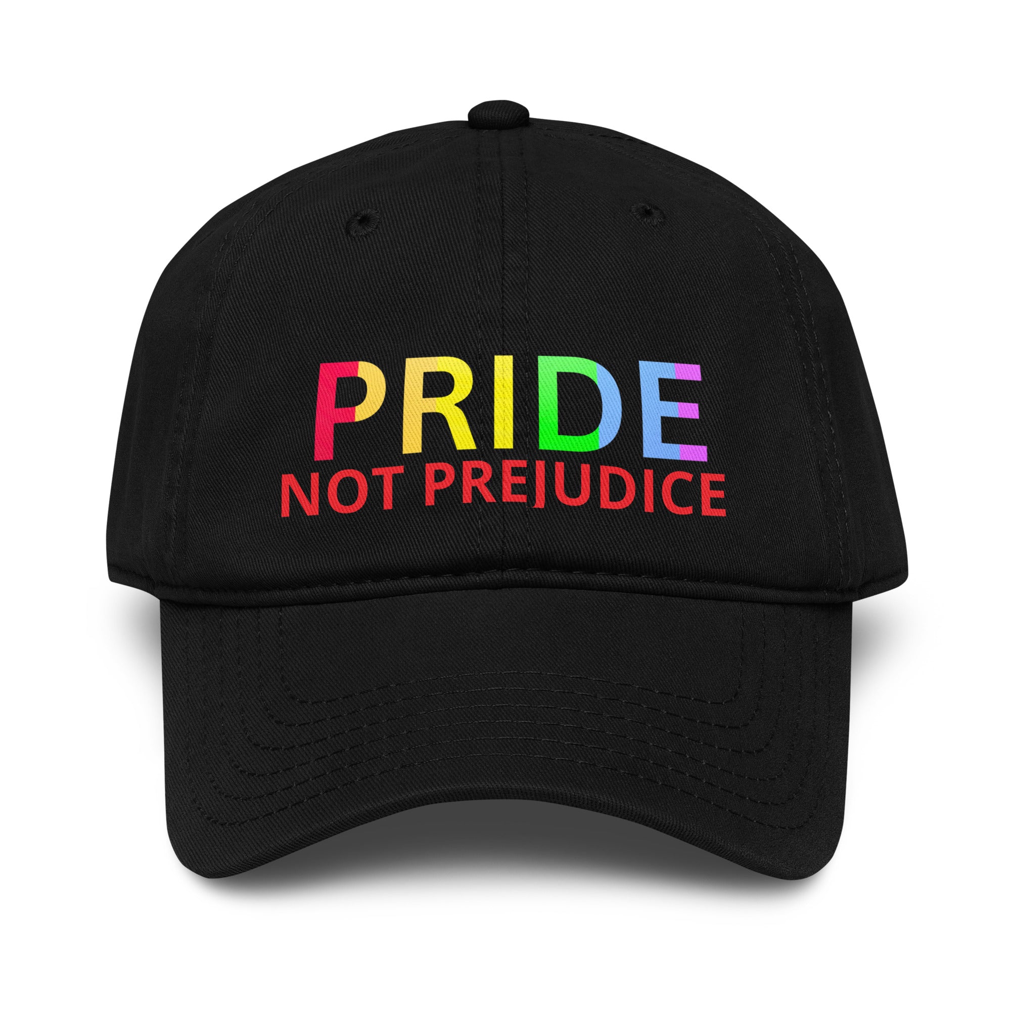 Black cap with 'PRIDE NOT PREJUDICE' in rainbow colors on a white background