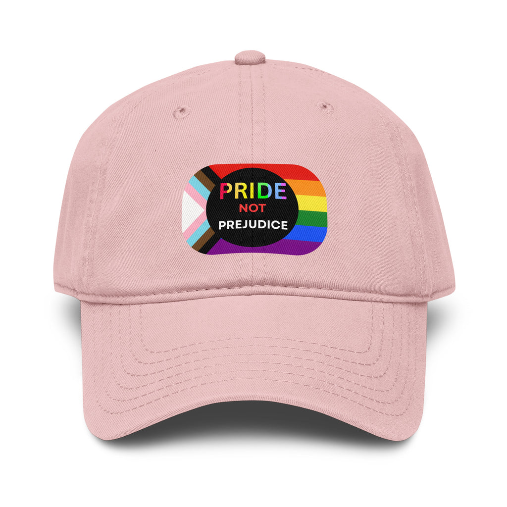 Pink cap with a rainbow and flag design, featuring the text 'Pride Not Prejudice' on a white background.