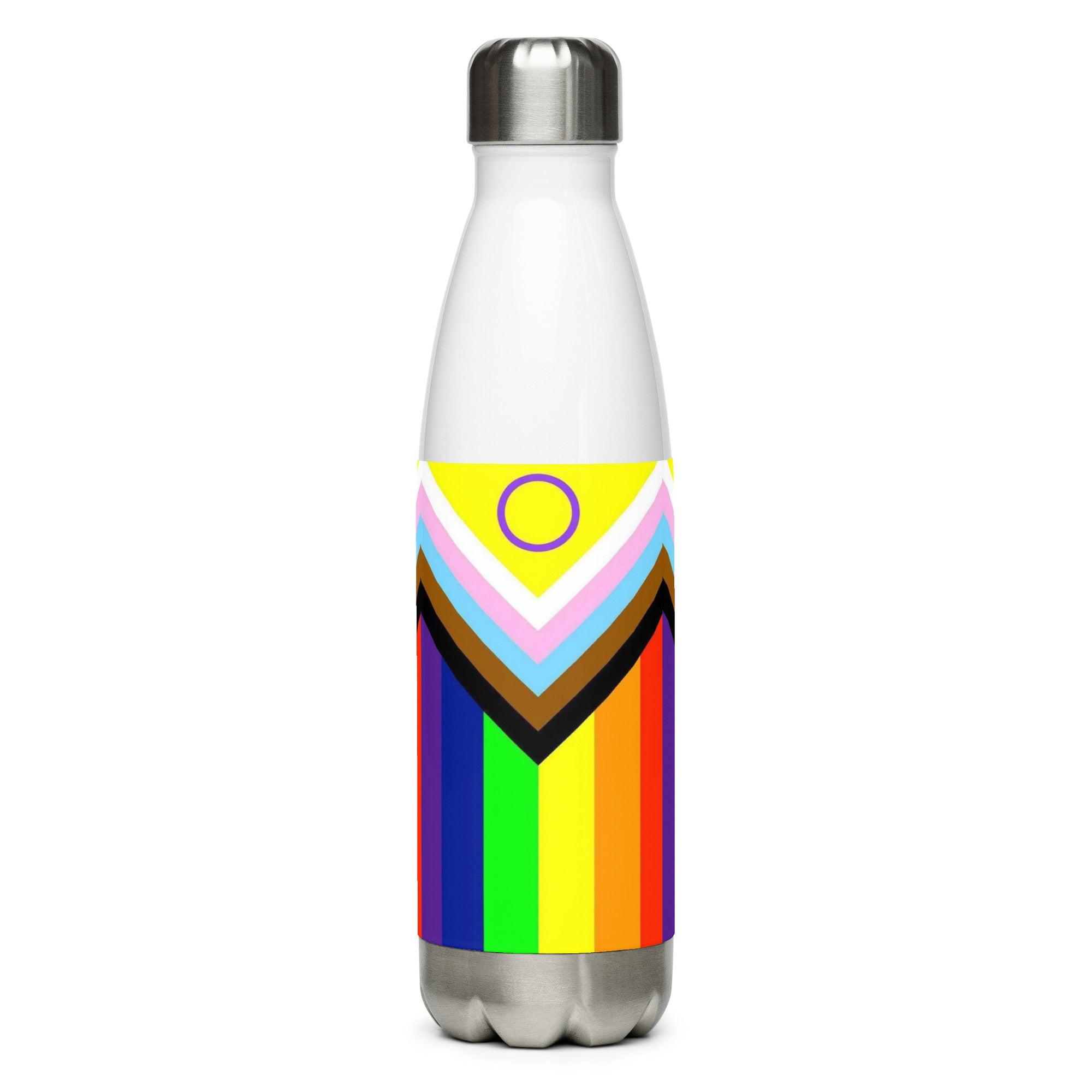 White water bottle with a colorful pride progress flag geometric design on a white background