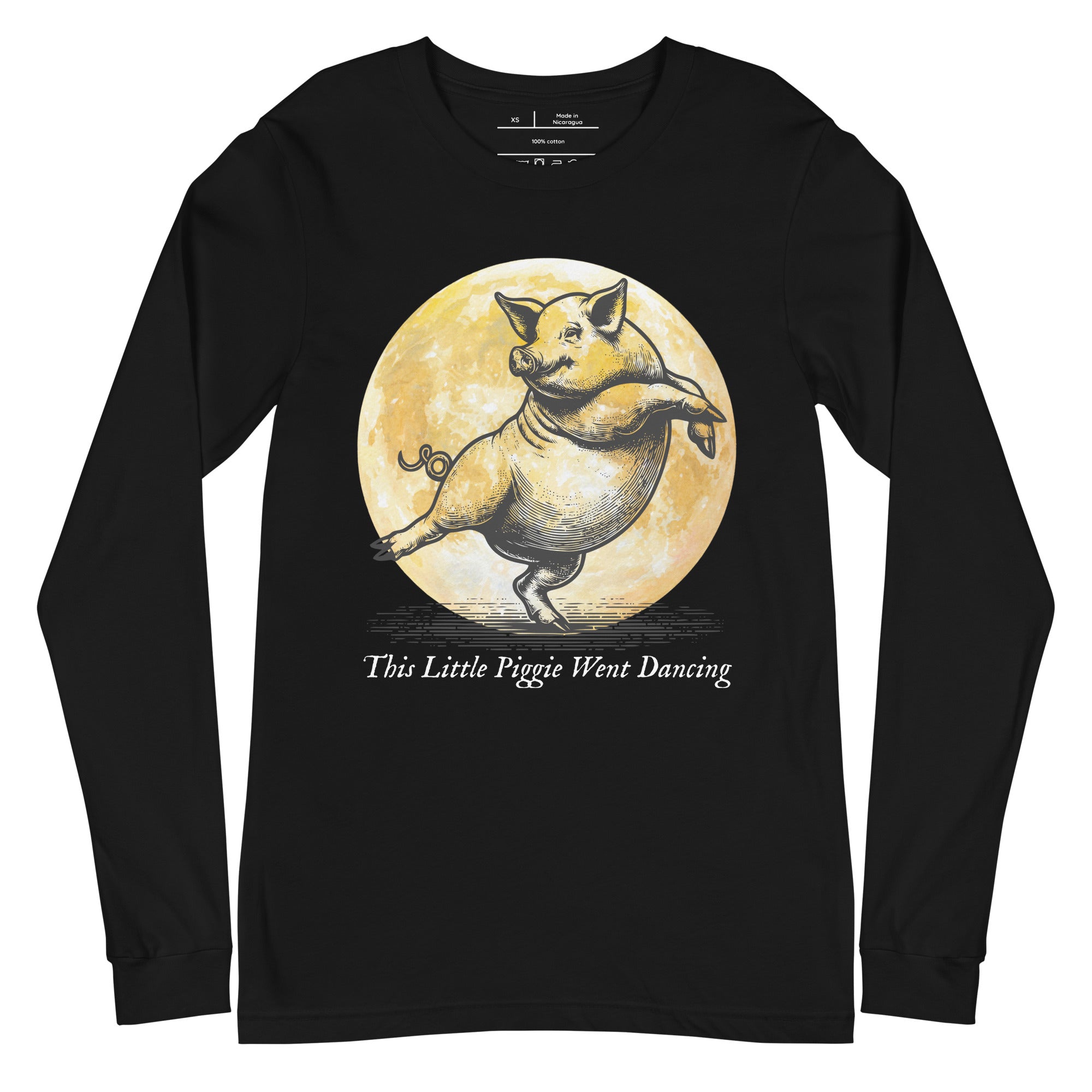 Black long-sleeve shirt with a graphic of a pig dancing and a moon in the background, text 'This Little Piggie Went Dancing' on a white background.