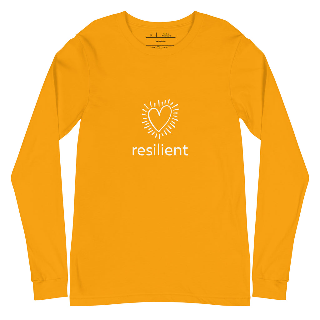 Orange long-sleeve shirt with a white heart and 'resilient' text on a white background