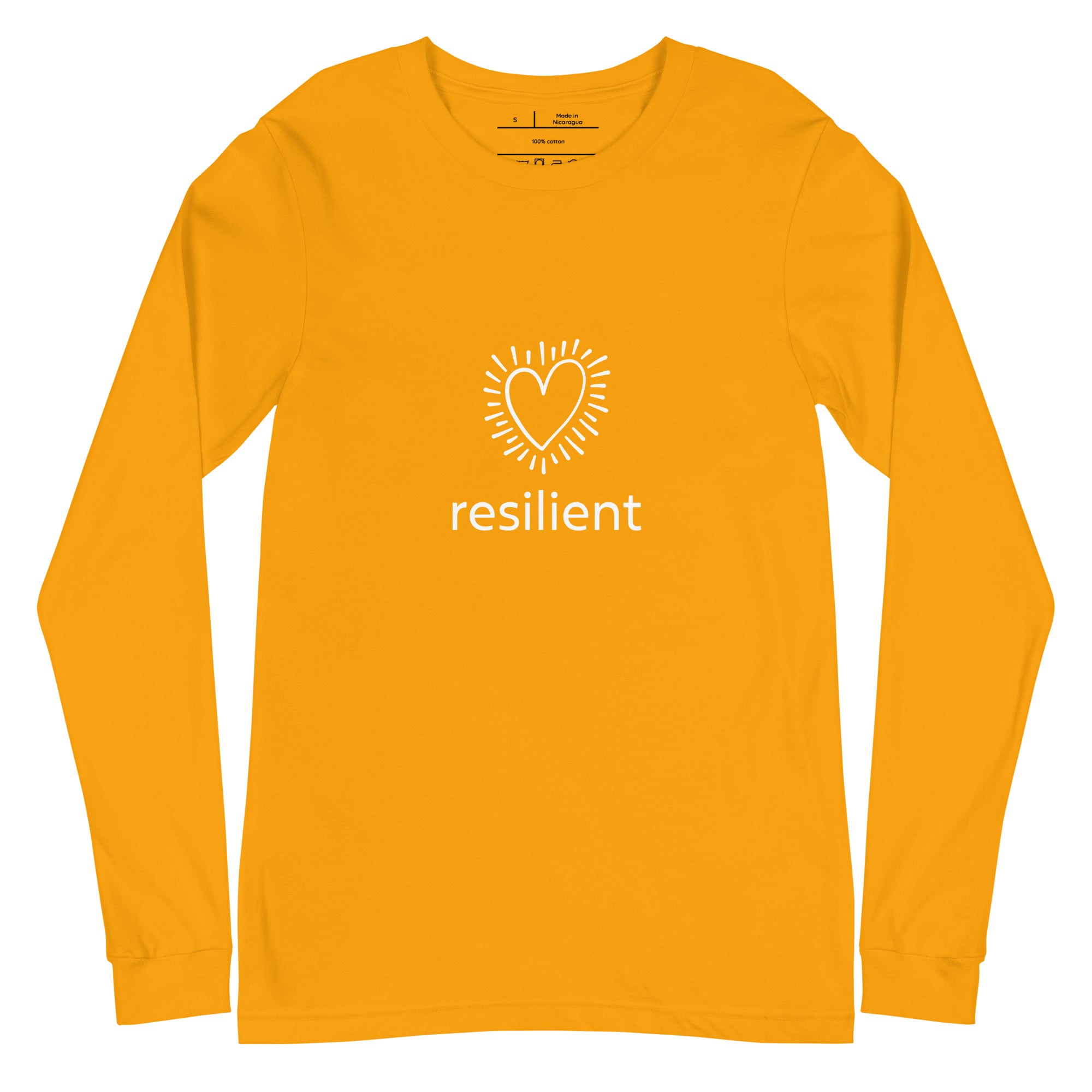 Orange long-sleeve shirt with a white heart and 'resilient' text on a white background