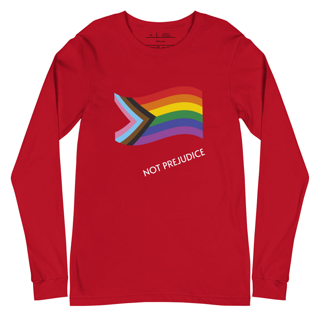 Red long-sleeve shirt with rainbow flag and 'Not Prejudice' text on a white background