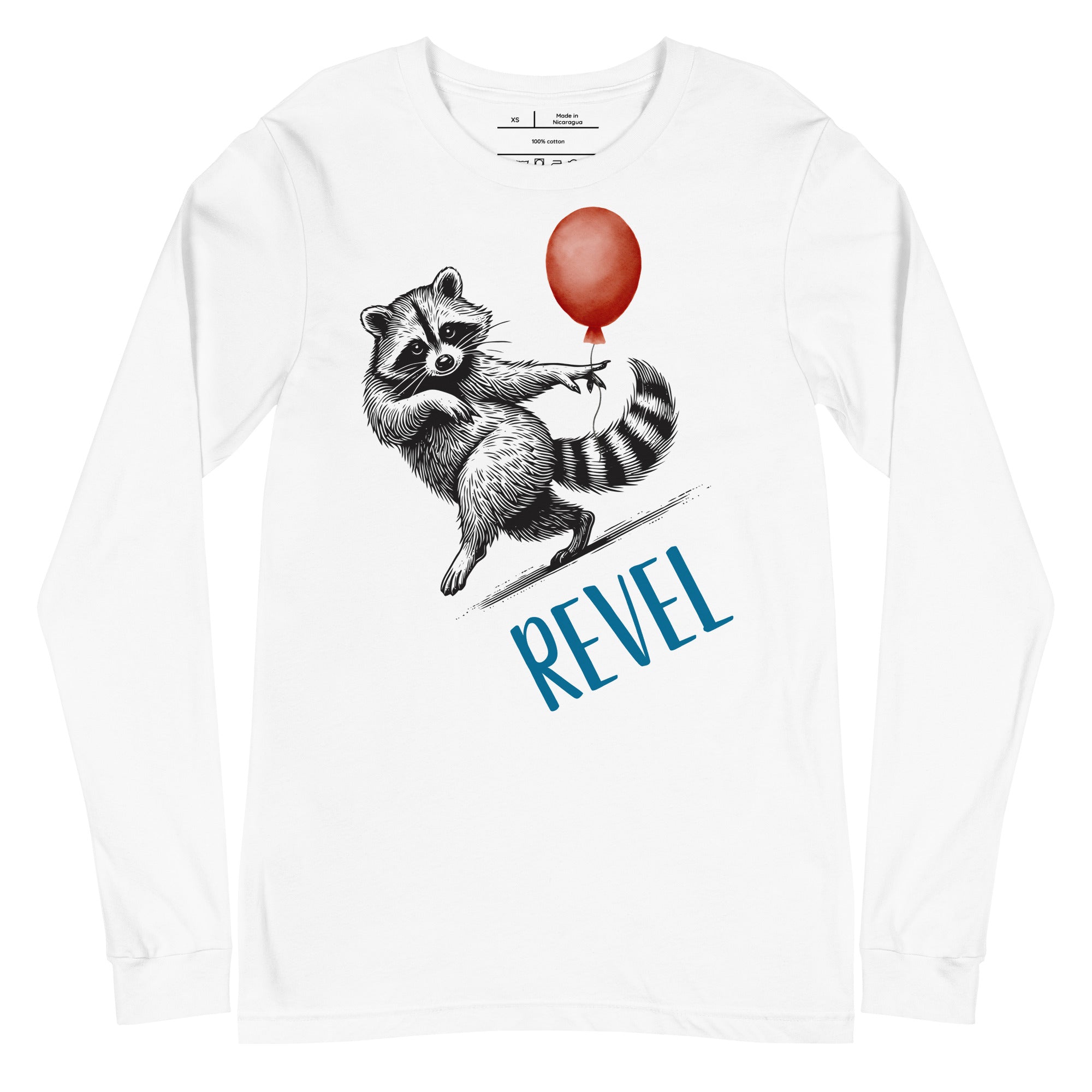 White long-sleeve shirt with a raccoon holding a red balloon and 'REVEL' text on a white background