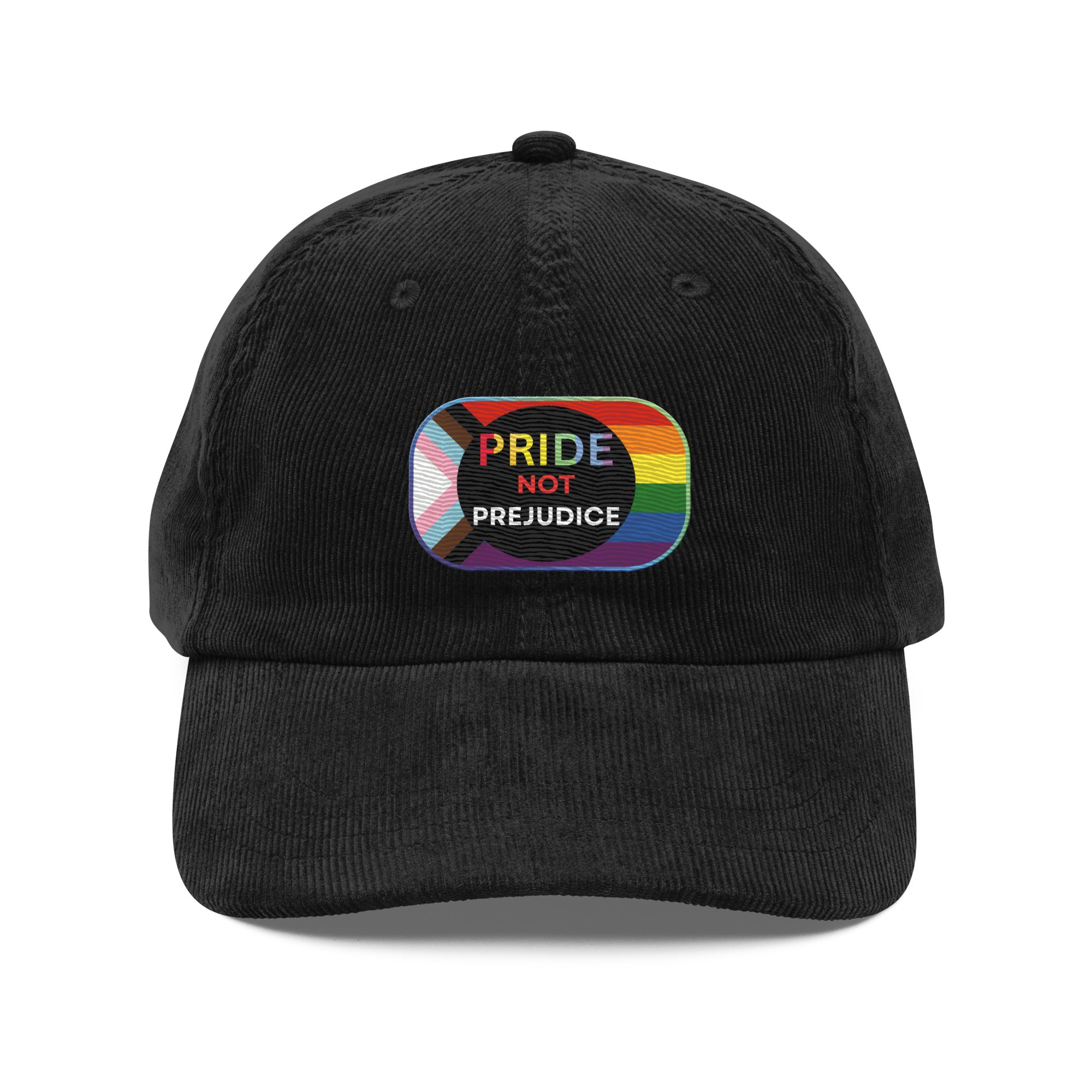 Black cap with a rainbow patch displaying 'Pride Not Prejudice' on a white background