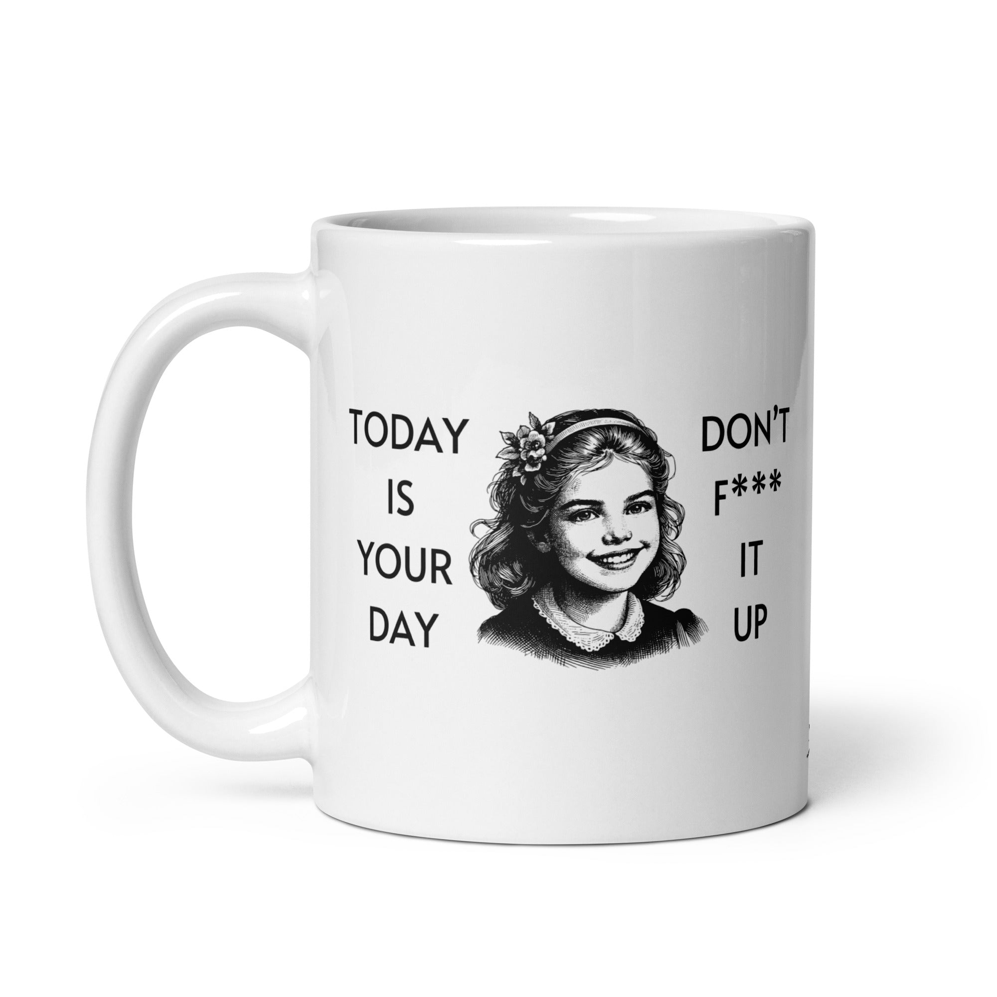 White mug with a graphic of a girl and text on a white background
