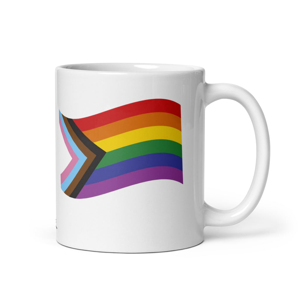 White mug with an LGBTQ+ rainbow flag design on a white background