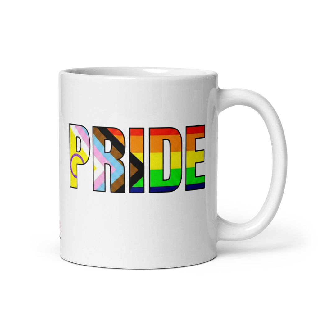 White mug with 'PRIDE' in pride progress  rainbow letters on a white background