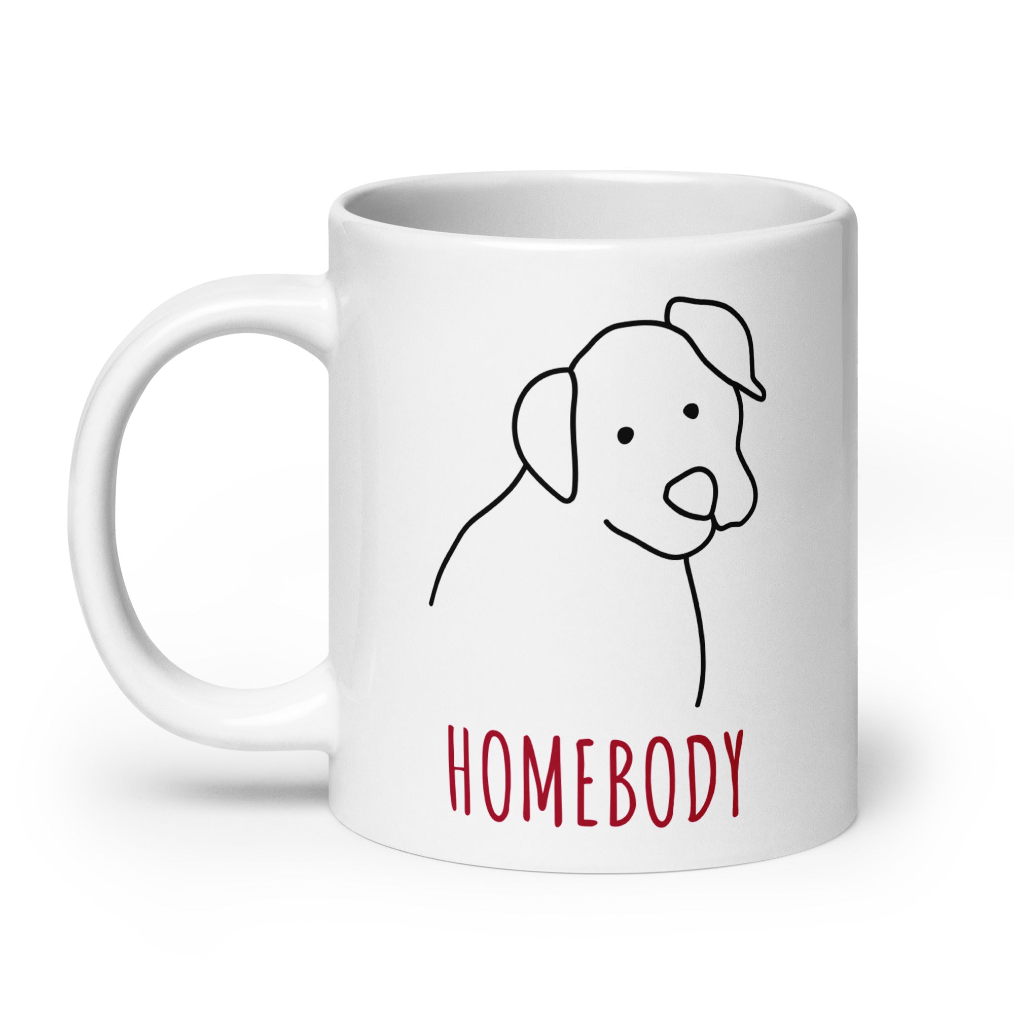 White mug with a dog illustration and 'HOMEBODY' text on a white background