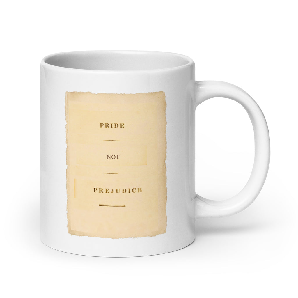 White mug with a antique book page design featuring 'Pride and Prejudice' text on a white background