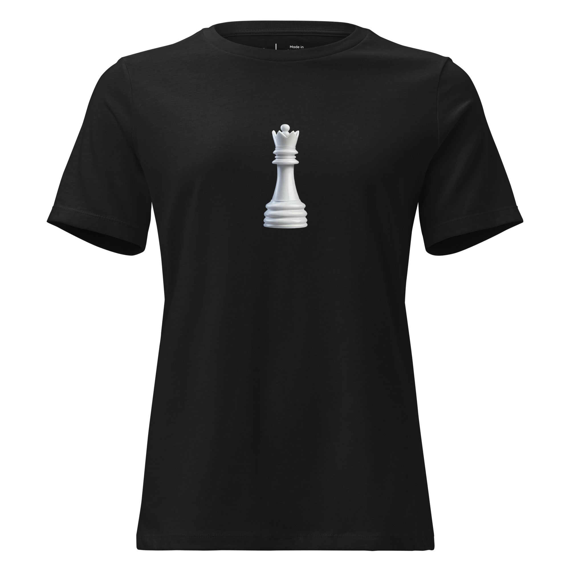 Black t-shirt with a white Queen chess piece design on a white background