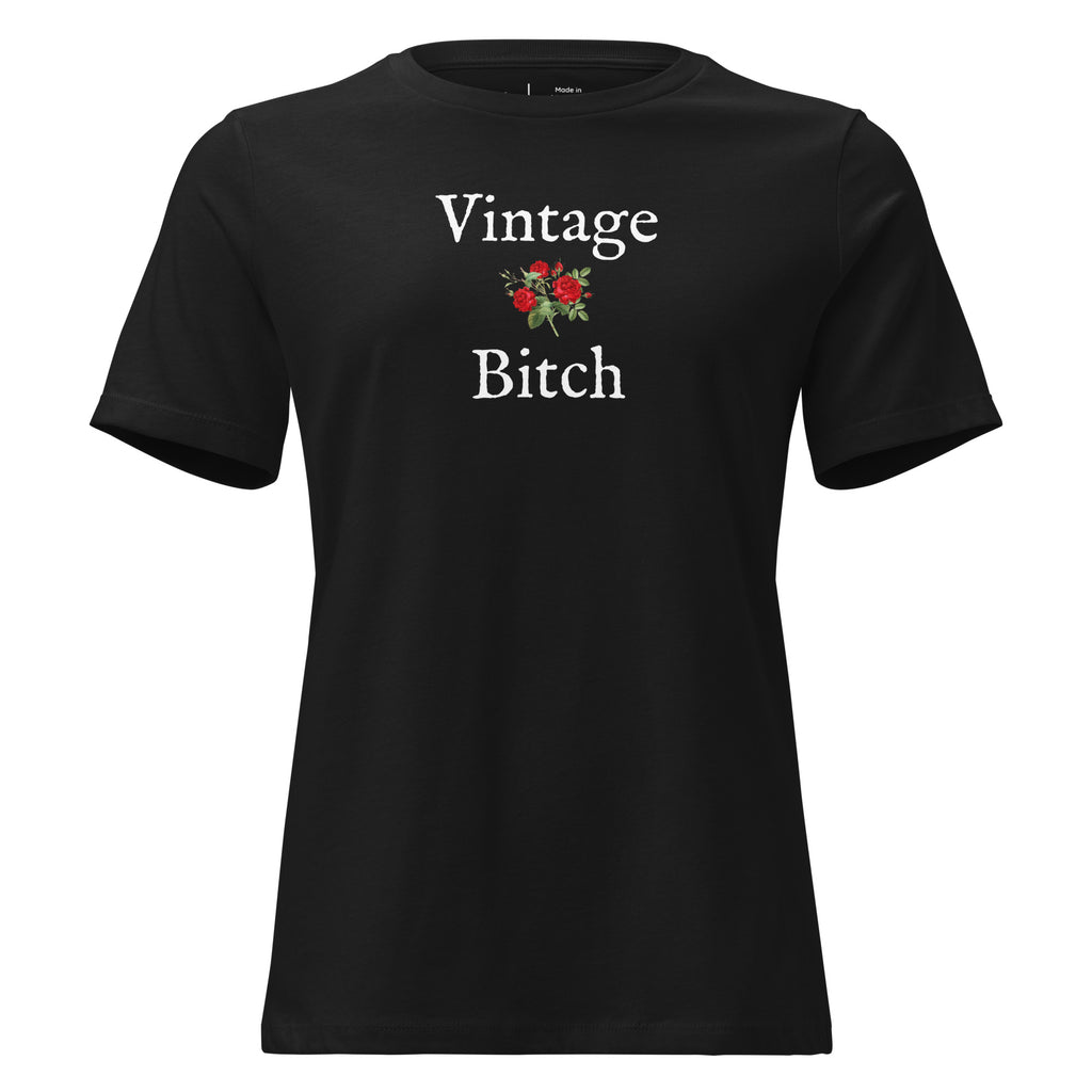 Black t-shirt with 'Vintage Bitch' text and floral design on a white background
