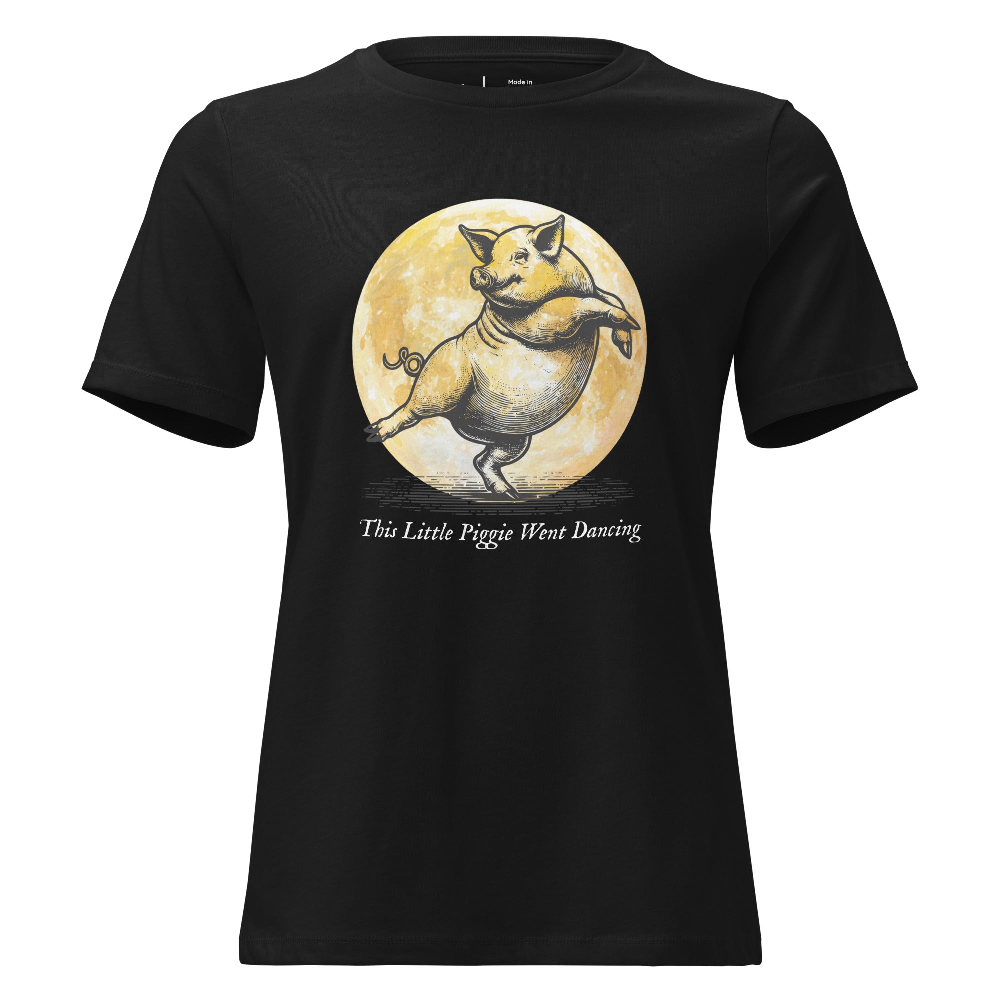 Black t-shirt with a graphic of a pig dancing and text " This Little Piggie Went Dancing" on a white background