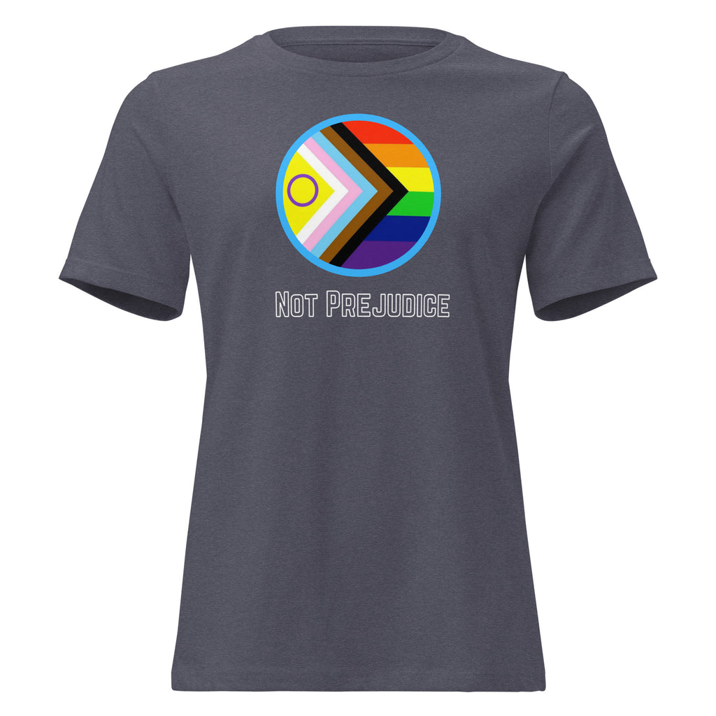 Gray t-shirt with a rainbow Pride Progress circle design and 'Not Prejudice' text on a white background
