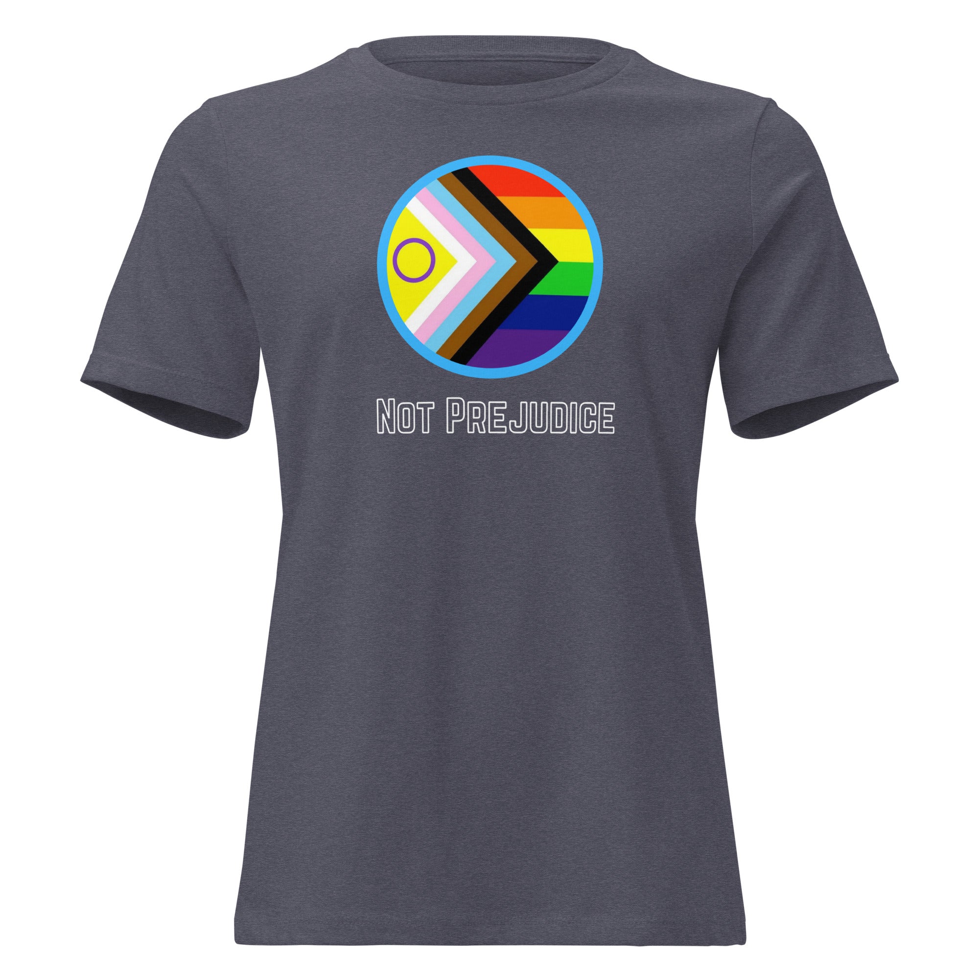 Gray t-shirt with a rainbow Pride Progress circle design and 'Not Prejudice' text on a white background