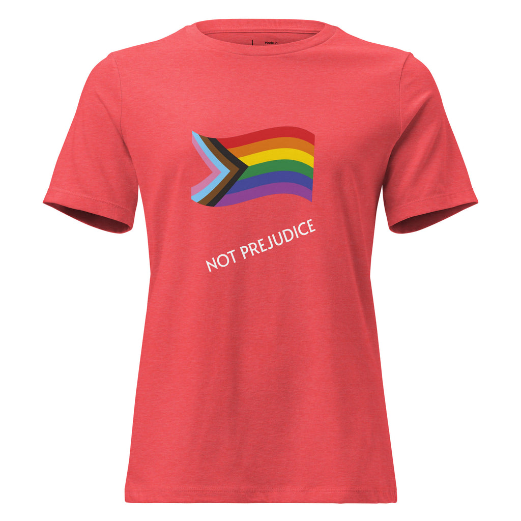 Red t-shirt with a rainbow flag and 'Not Prejudice' text on a white background
