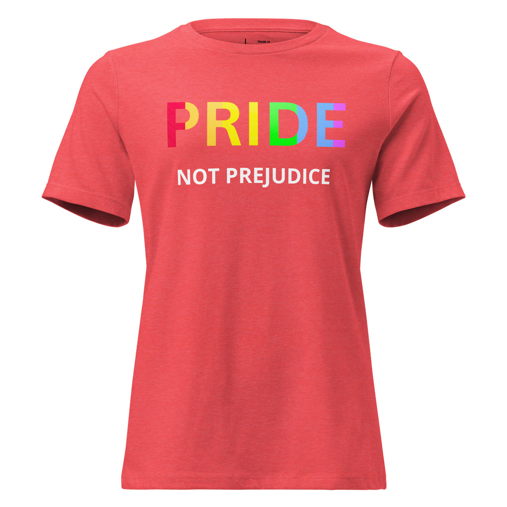 Red t-shirt with 'PRIDE NOT PREJUDICE' text in rainbow colors on a white background