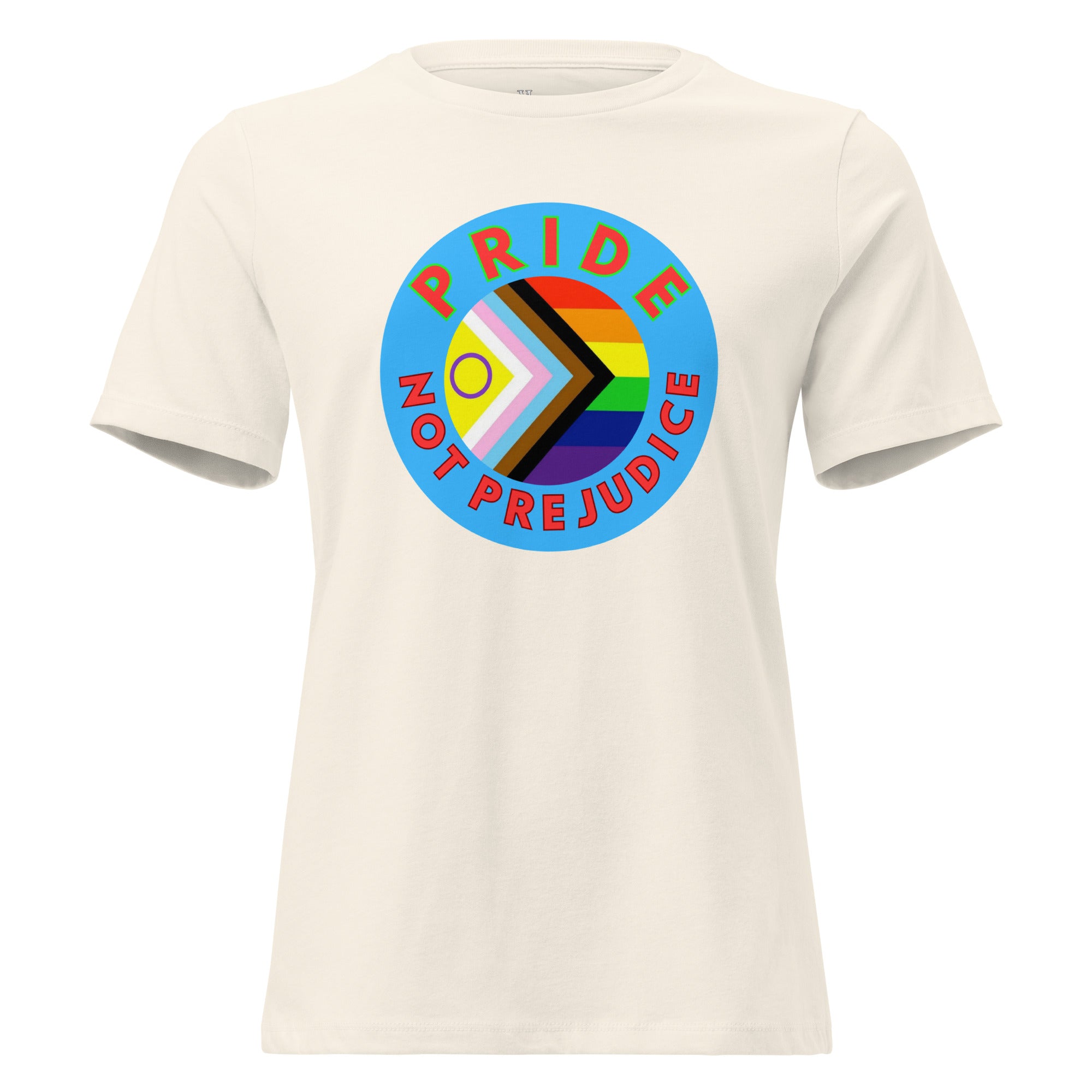 Beige t-shirt with a rainbow circle design and 'Pride Not Prejudice' text on a white background