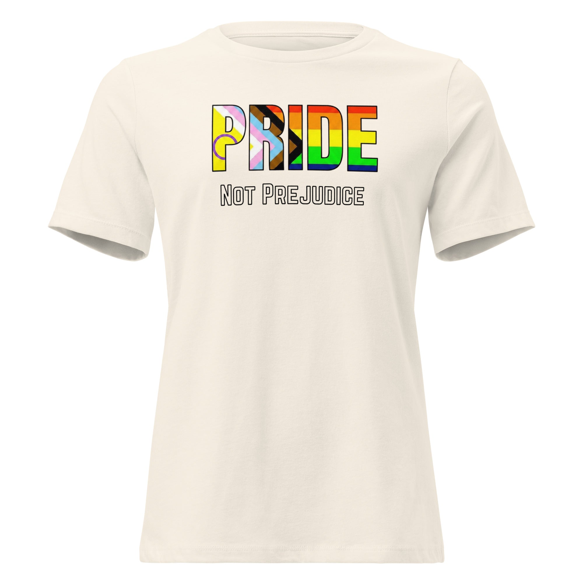Beige t-shirt with 'PRIDE Not Prejudice' text in rainbow colors on a white background