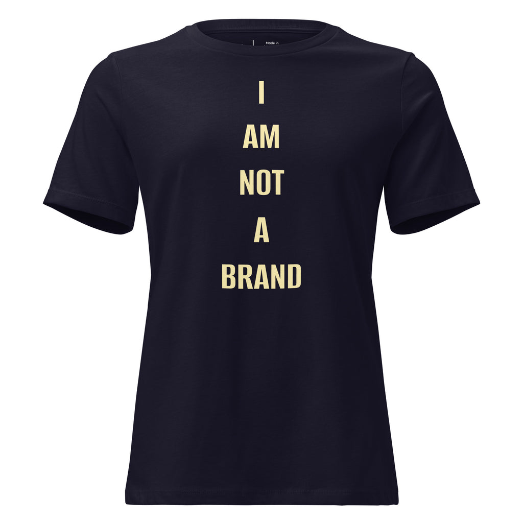 Blue T-shirt with bold yellow lettering "I AM NOT A BRAND" against white background