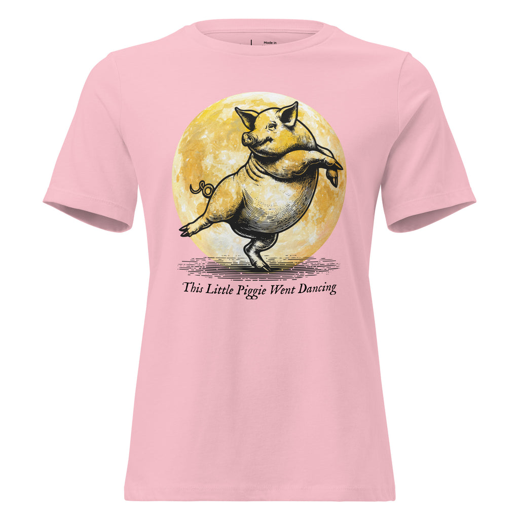 Pink t-shirt with a pig illustration and text "This Little Piggie Dancing" on a white background