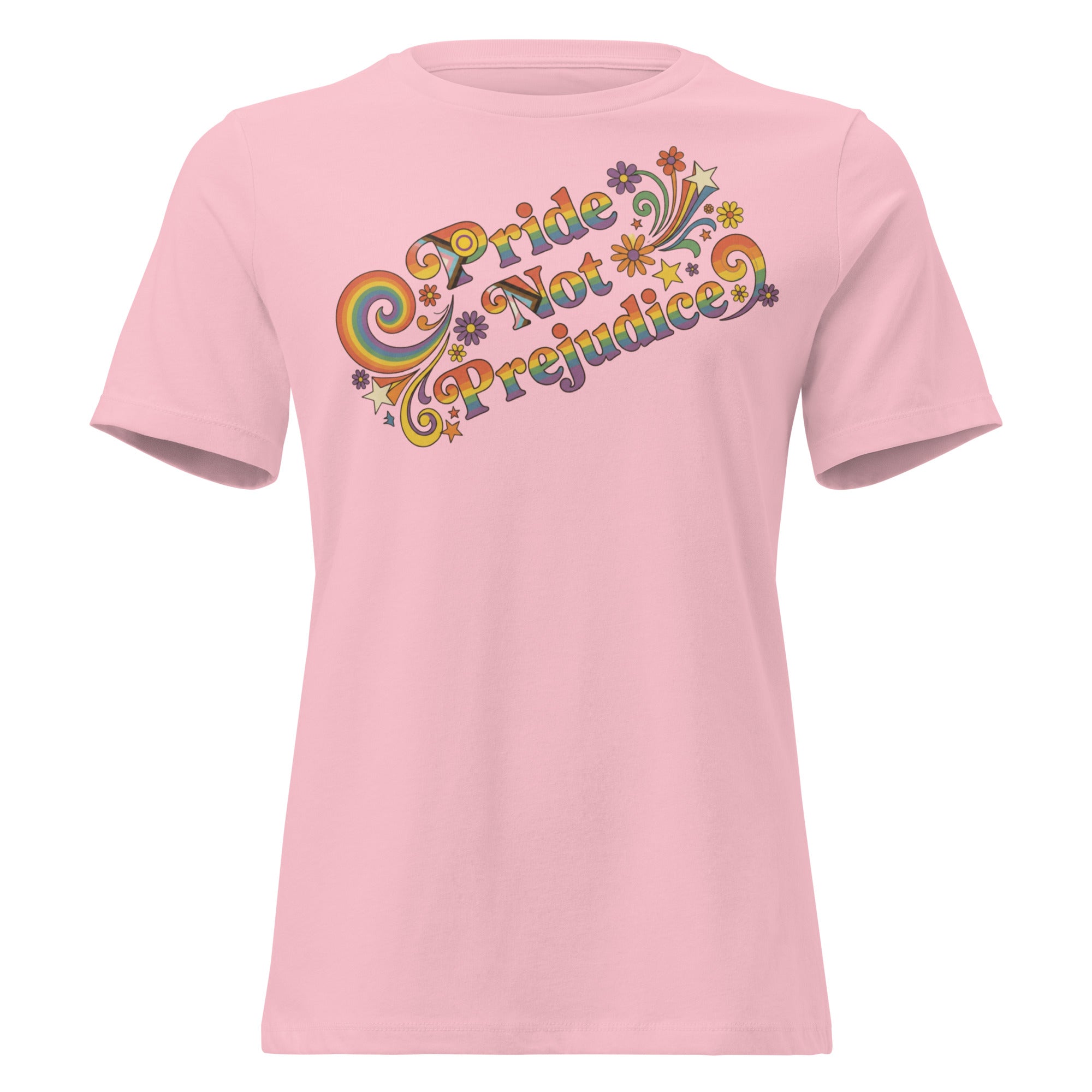 Pink t-shirt with 'Pride Not Prejudice' text design on a white background