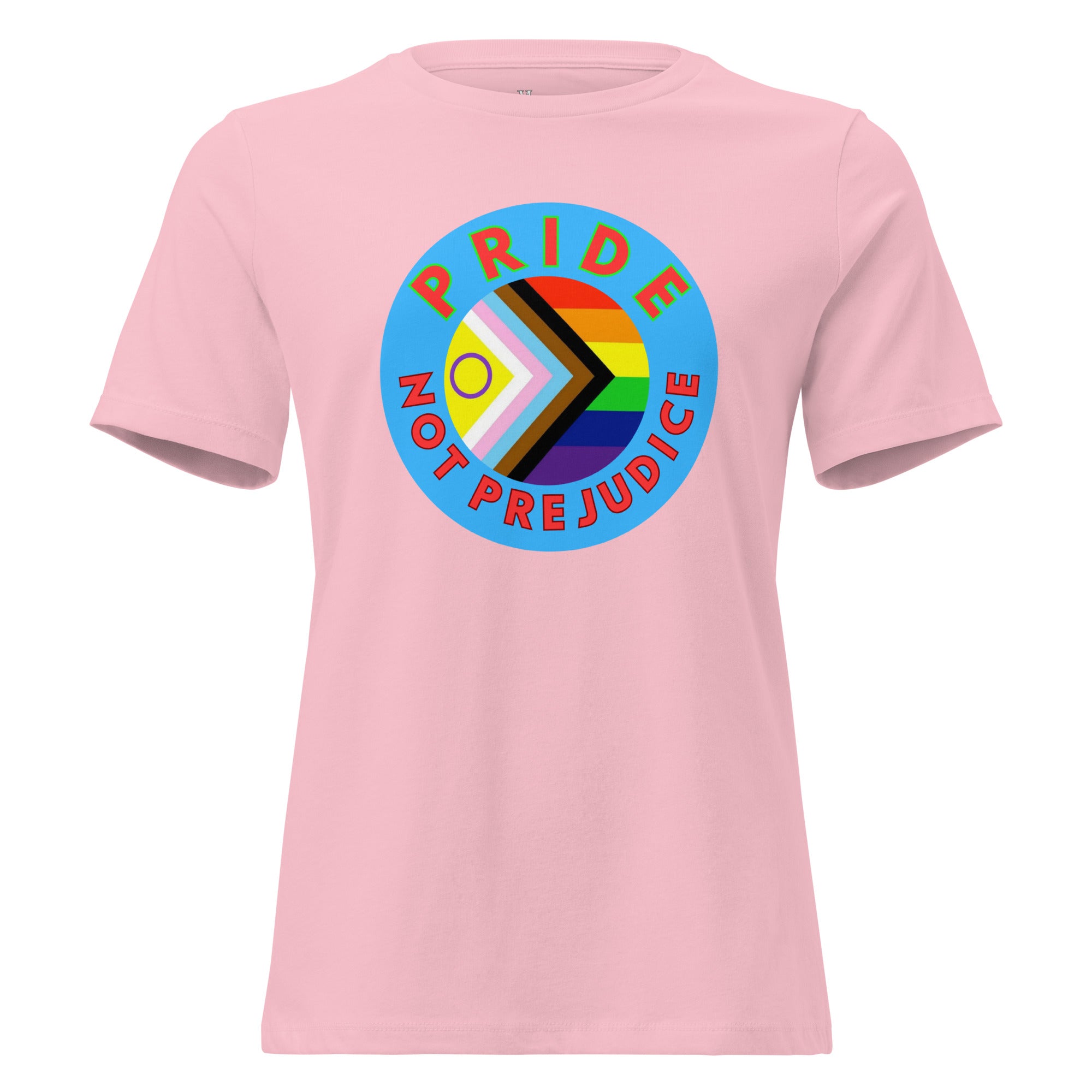 Pink t-shirt with a rainbow circle design and 'Pride Not Prejudice' text on a white background