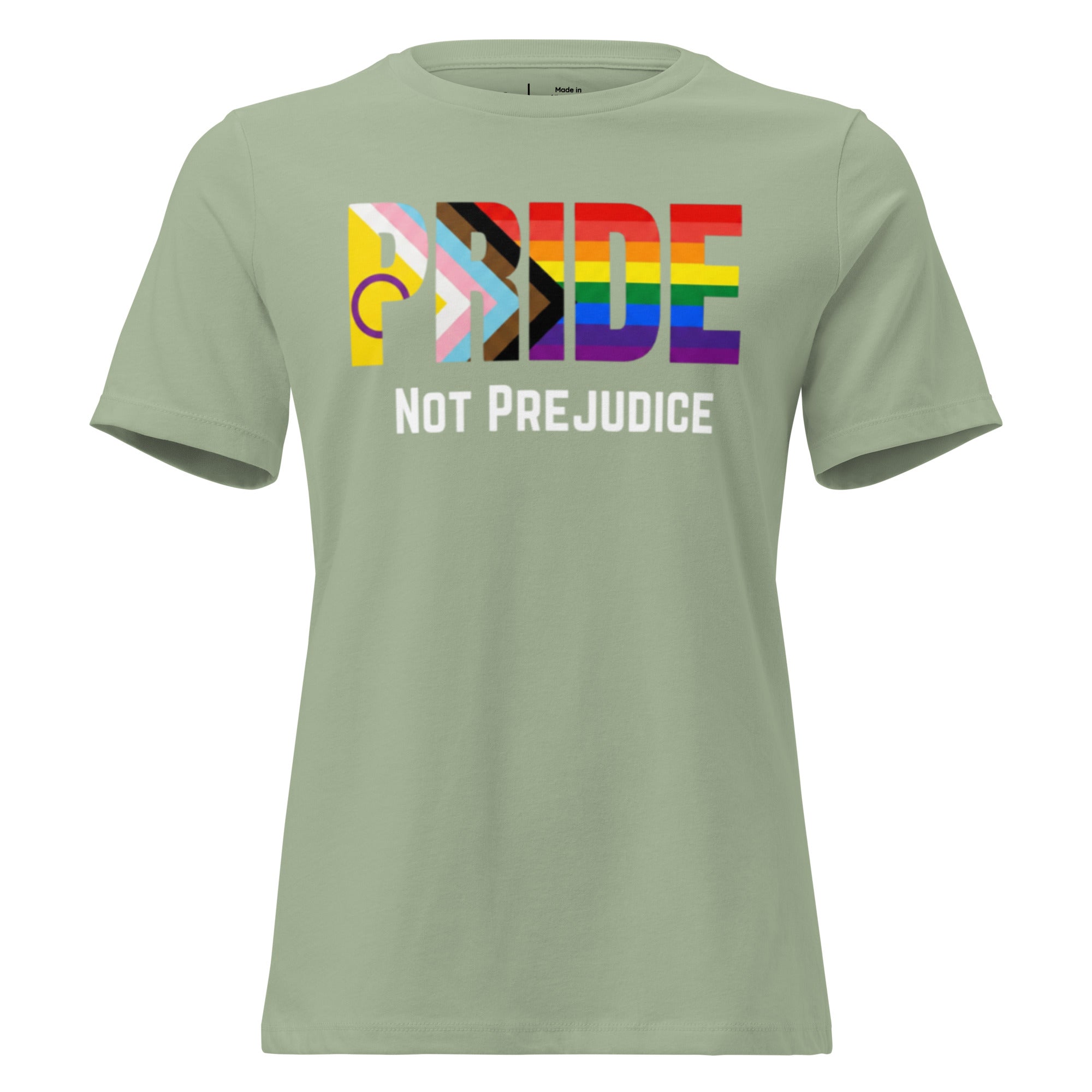 Green t-shirt with Pride Progress-colored 'PRIDE NOT PREJUDICE' text on a white background