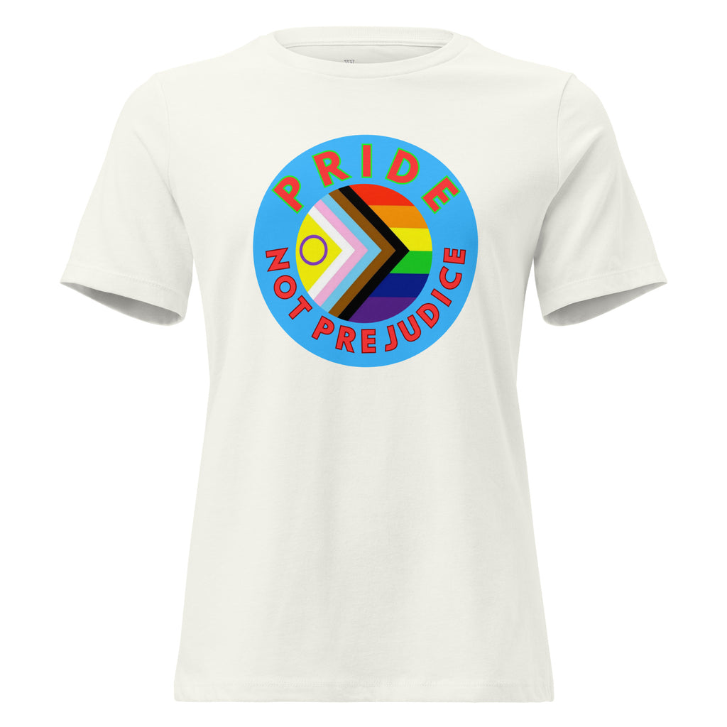 White t-shirt with Pride Not Prejudice graphic on a white background