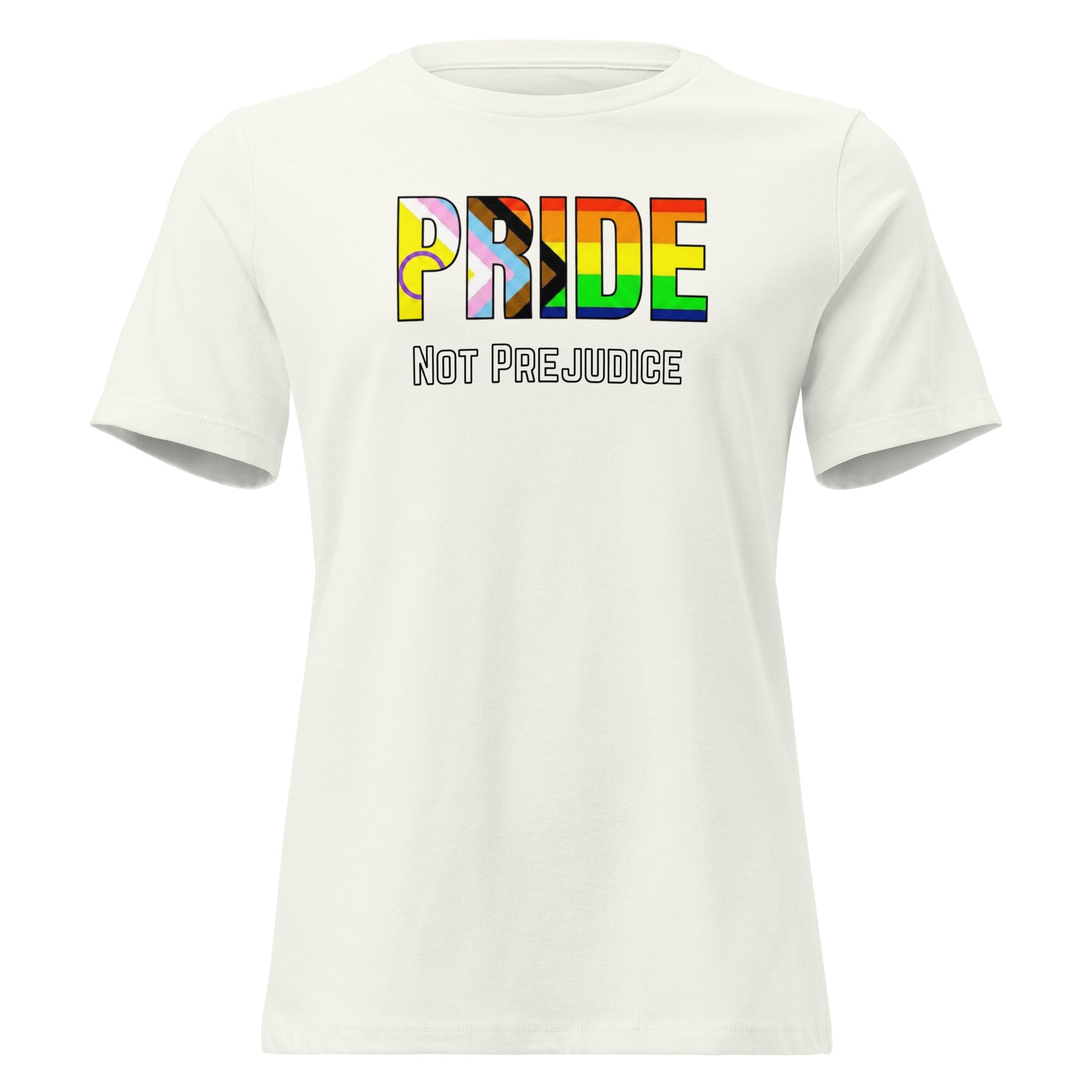 White t-shirt with 'PRIDE Not Prejudice' text in rainbow colors on a white background