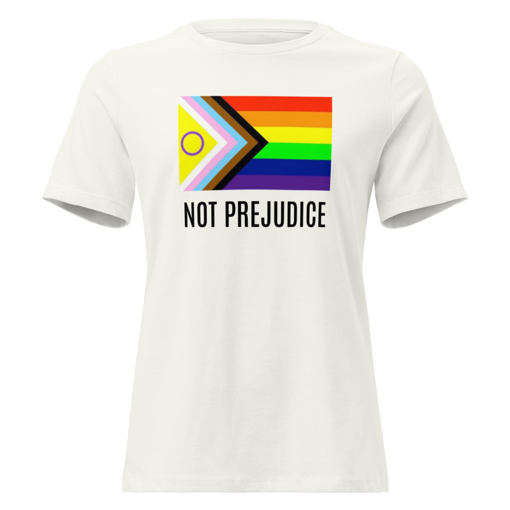 White t-shirt with rainbow Pride Progress flag and 'Not Prejudice' text on a white background