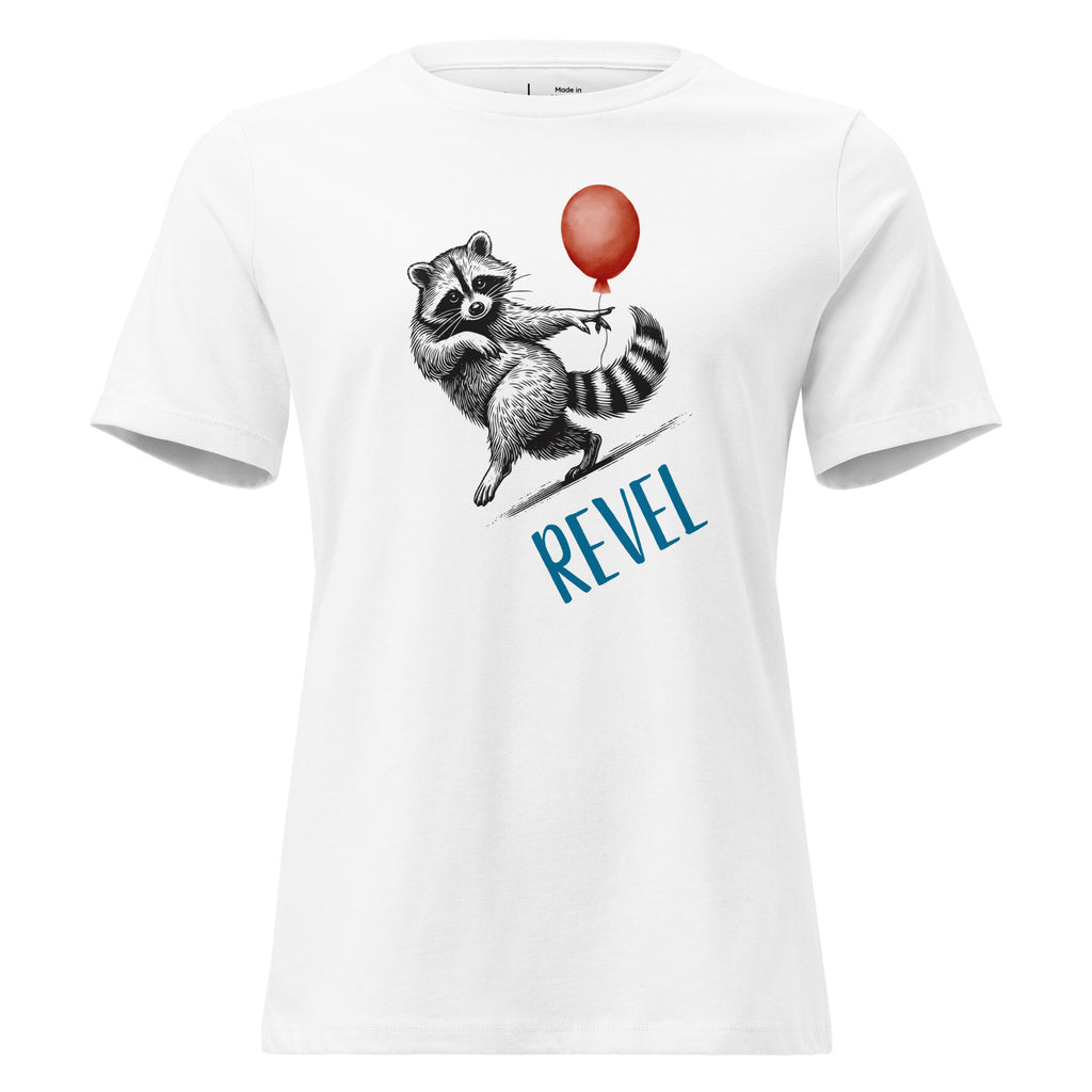White t-shirt with a raccoon graphic and 'REVEL' text on a white background