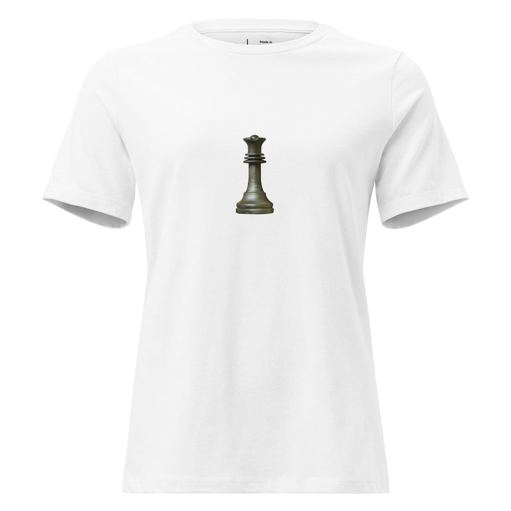 White t-shirt with a black Queen chess piece design on a white background
