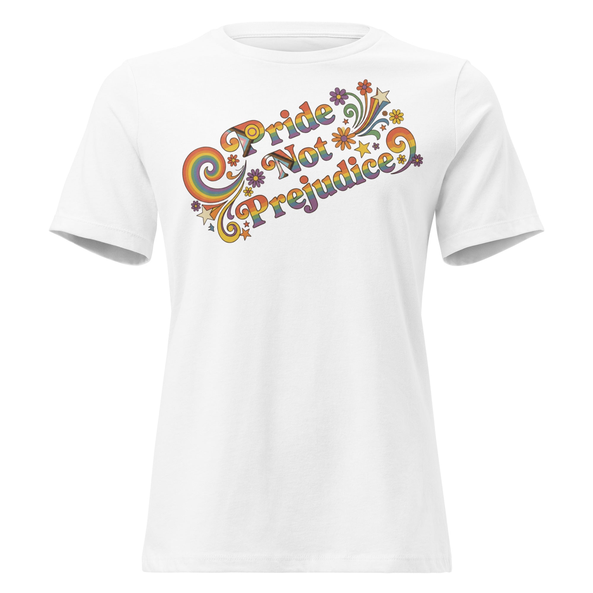White t-shirt with 'Pride Not Prejudice' text and rainbow design on a white background
