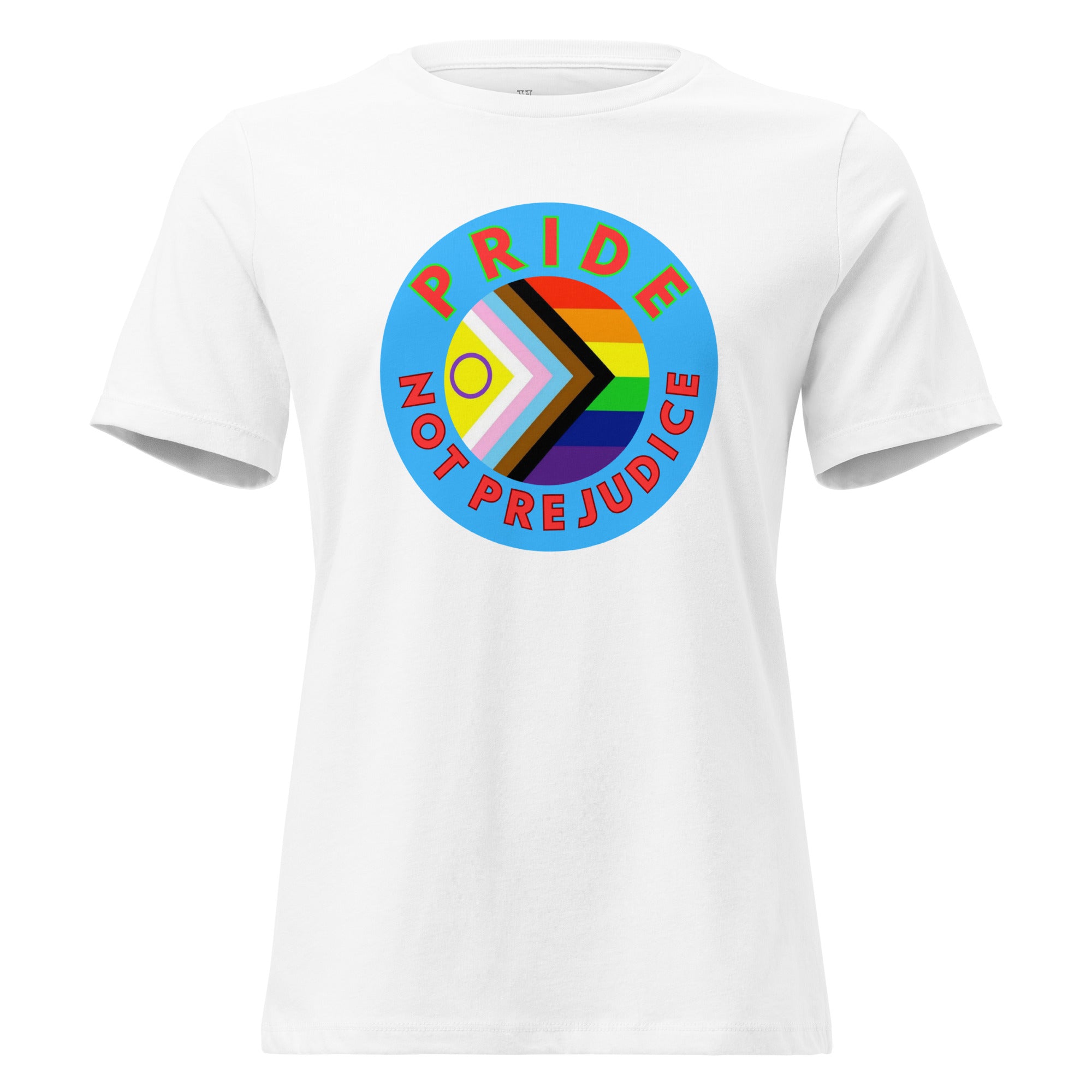 White t-shirt with Pride Not Prejudice graphic on a white background